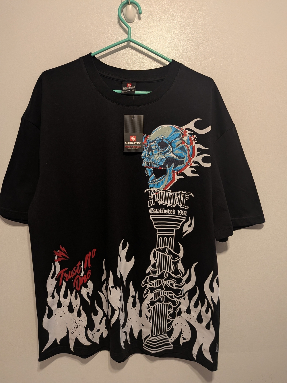 South Pole Black Tee with Blue & Red Skull Flame Graphic